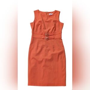 Calvin Klein Sleeveless Orange Belted Sheath Dress